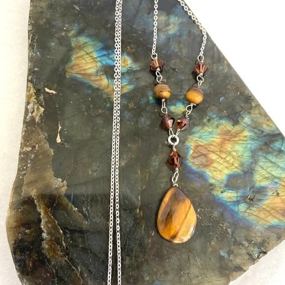 Sterling Silver 925 Beaded Tigers Eye Teardrop Pendant Necklace 18" Cable Chain - Picture 6 of 16